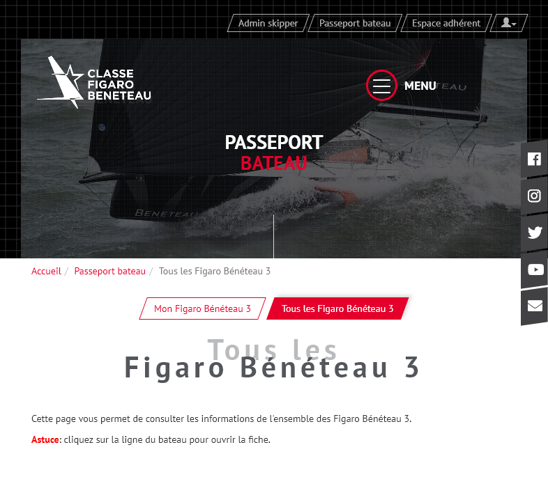 Page d'accueil du site internet de la Classe Figaro avec accès au passeport bateau et à l'espace adhérent