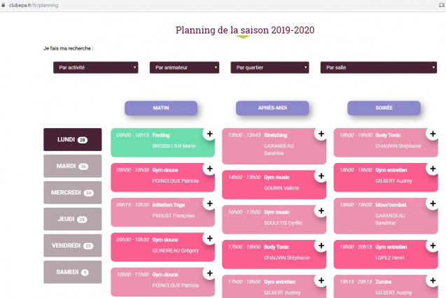 Les plannings peuvent s'afficher par activité, par animateur, par quartier ou par salle