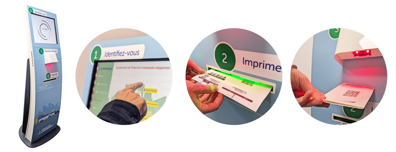 Vues de détail d'une borne tactile interactive d'émargement et de sécurité pour le site industriel du groupe Chimirec, avec impression de ticket et QR