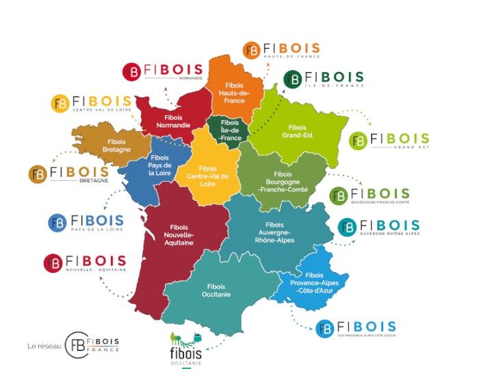 Carte du réseau interprofessionnel Fibois, découpé en 12 associations et une coordination nationale
