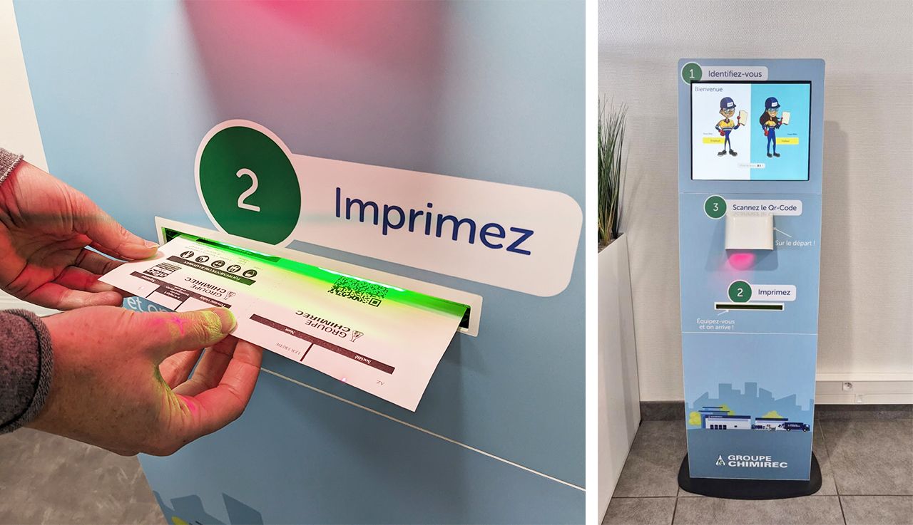 Borne tactile interactive avec une solution logicielle d'émargement intégrée, permettant aux visiteurs de s'identifier afin de sécuriser un site indus