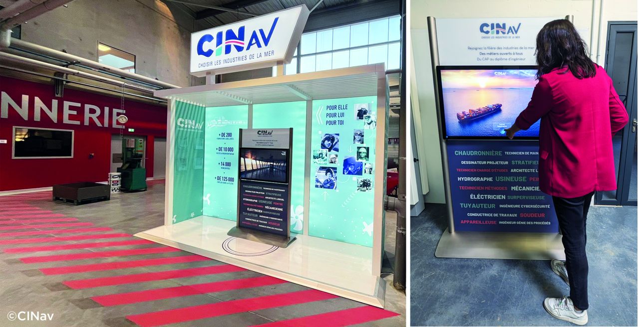 Design d'un totem tactile sur mesure pour CInav, afin de diffuser des vidéos et des contenus interactifs pour la promotion des métiers de la mer sur d